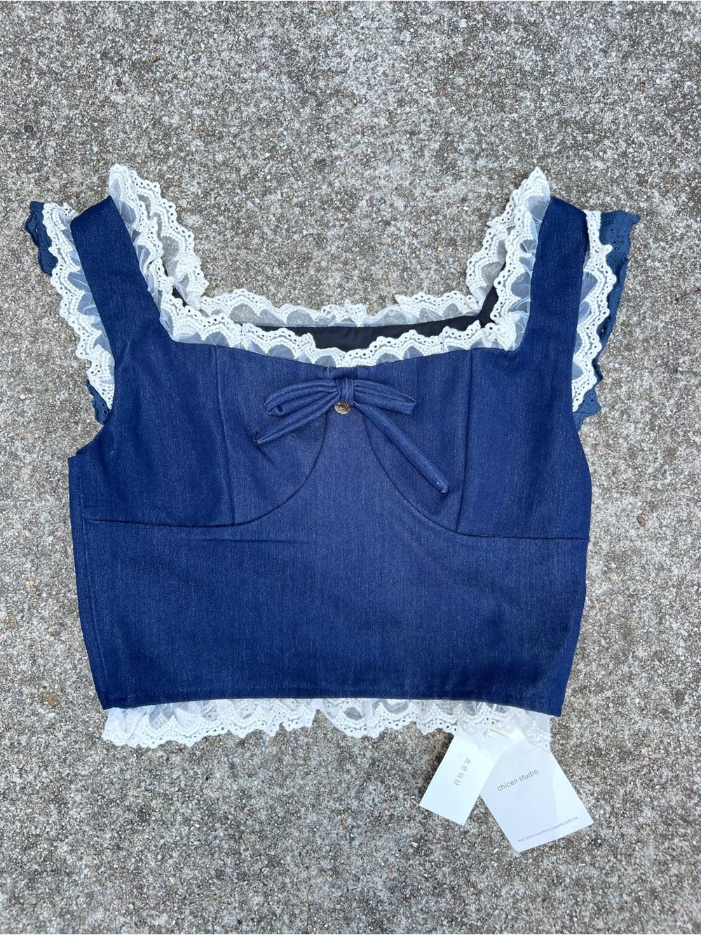 NWT Navy Blue Denim Lace Cami Top Girly Square Neck Bow Detail Size M